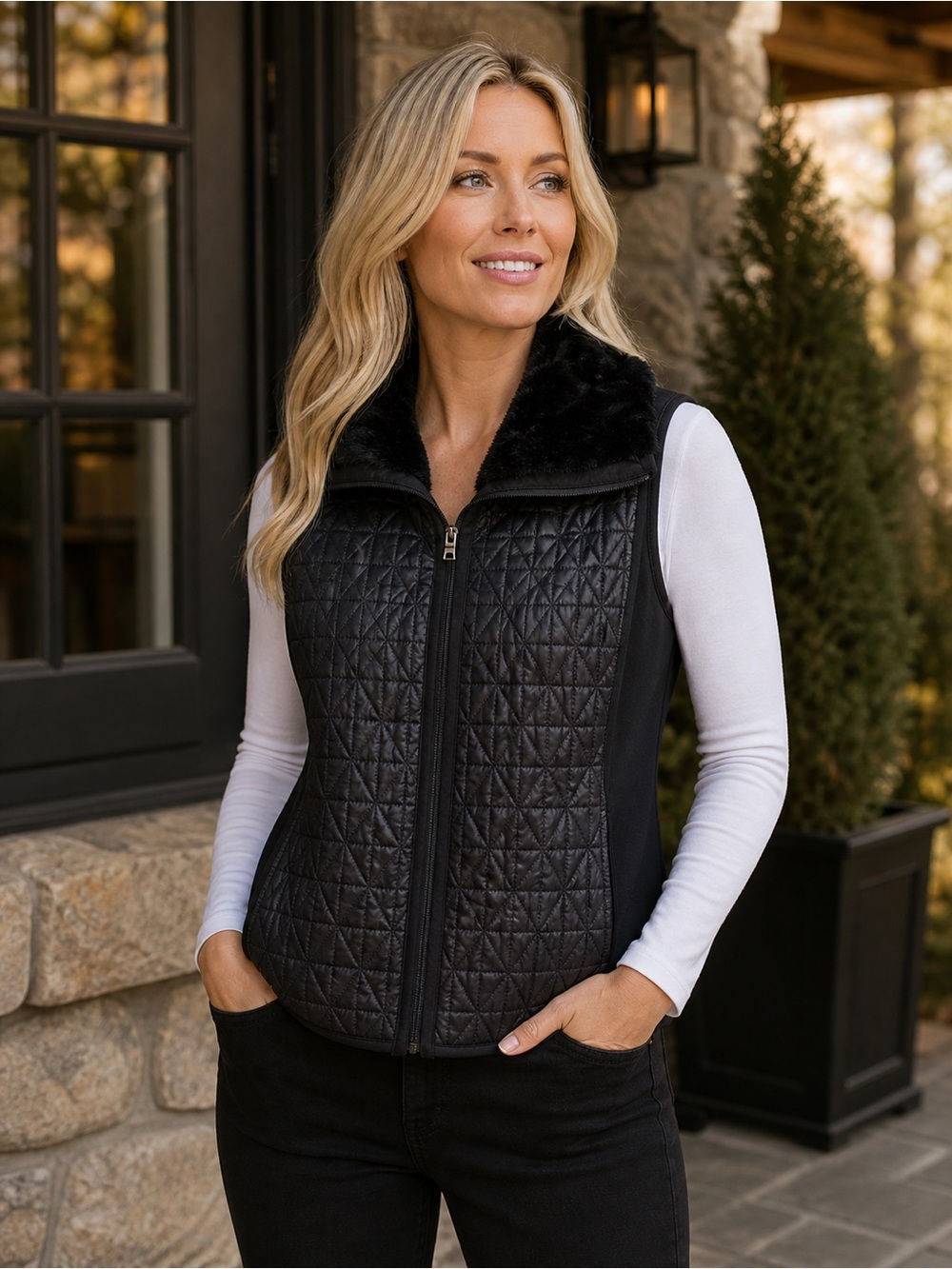 Joie Black Full Zip Vest with Faux Fur Size XL NWT